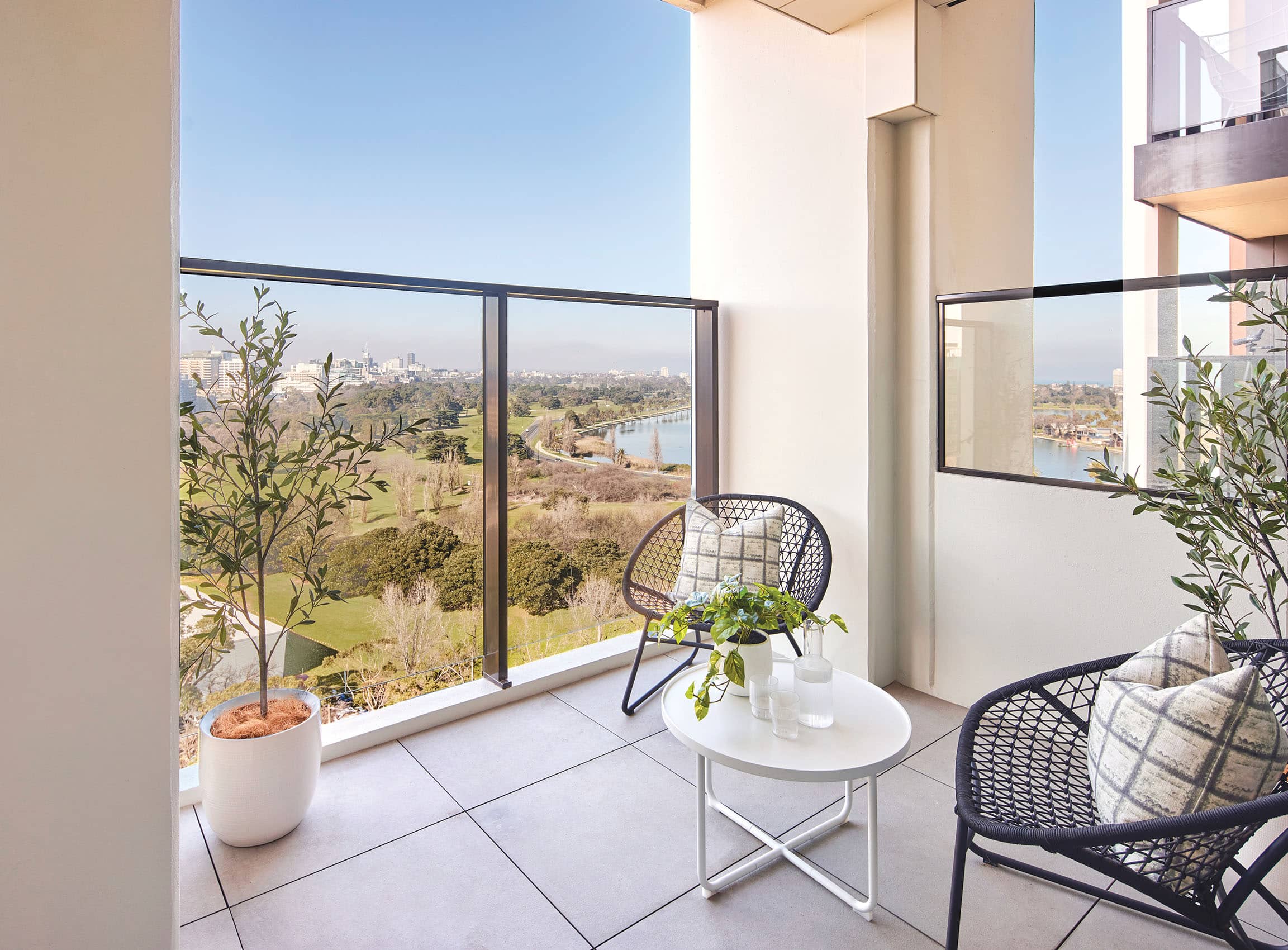 Many apartments have private balconies to enjoy the views from.